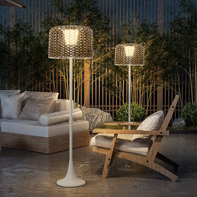 Elegant Solar Outdoor Floor Lamp with Integrated LED & Woven Shade for Ambiance 0