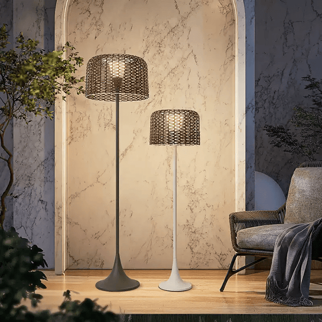 Elegant Solar Outdoor Floor Lamp with Integrated LED & Woven Shade for Ambiance 1
