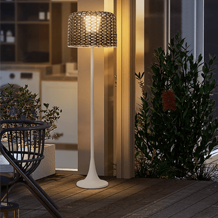 Elegant Solar Outdoor Floor Lamp with Integrated LED & Woven Shade for Ambiance 2