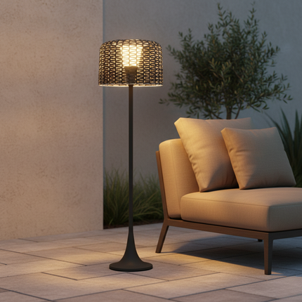Elegant Solar Outdoor Floor Lamp with Integrated LED & Woven Shade for Ambiance 4