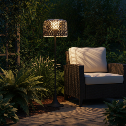 Elegant Solar Outdoor Floor Lamp with Integrated LED & Woven Shade for Ambiance 6