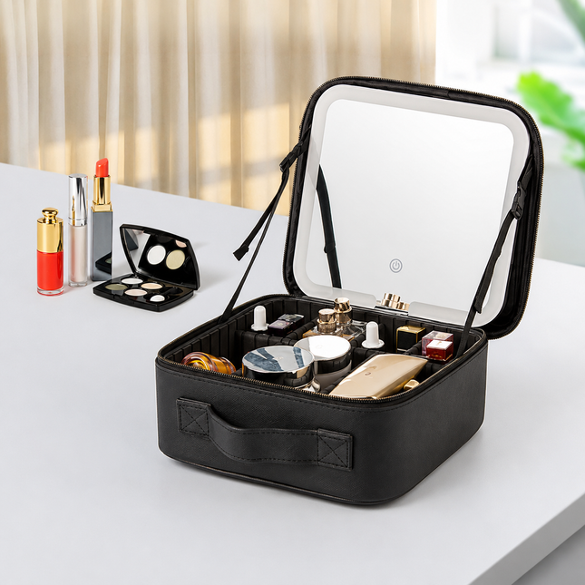 Elegant Travel Makeup Case with LED Mirror & Adjustable Storage | Perfect Organizer for Beauty on the Go 1