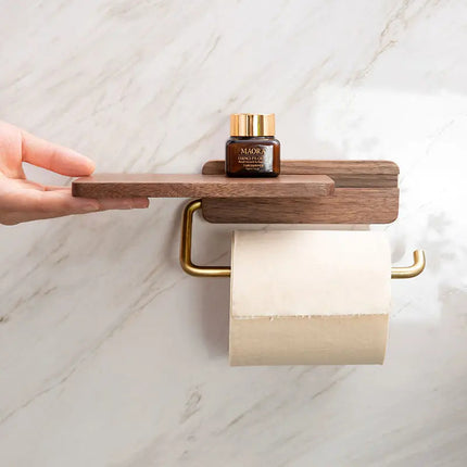 Elegant Walnut Toilet Roll Holder with Brass Shelf | Modern Design for Stylish Storage 0