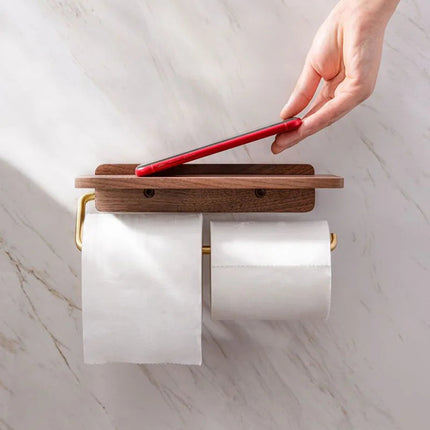 Elegant Walnut Toilet Roll Holder with Brass Shelf | Modern Design for Stylish Storage 1