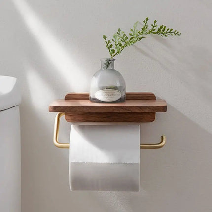 Elegant Walnut Toilet Roll Holder with Brass Shelf | Modern Design for Stylish Storage 2