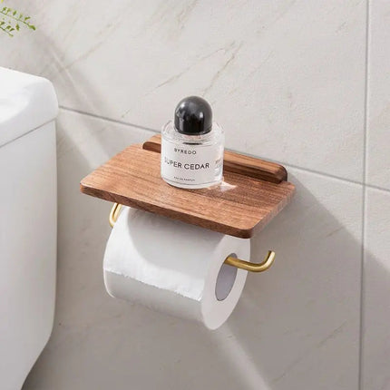 Elegant Walnut Toilet Roll Holder with Brass Shelf | Modern Design for Stylish Storage 3