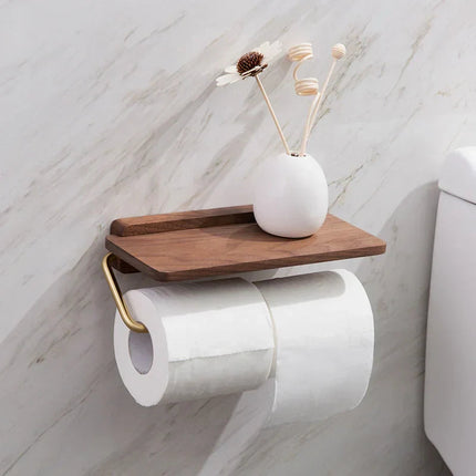 Elegant Walnut Toilet Roll Holder with Brass Shelf | Modern Design for Stylish Storage 4