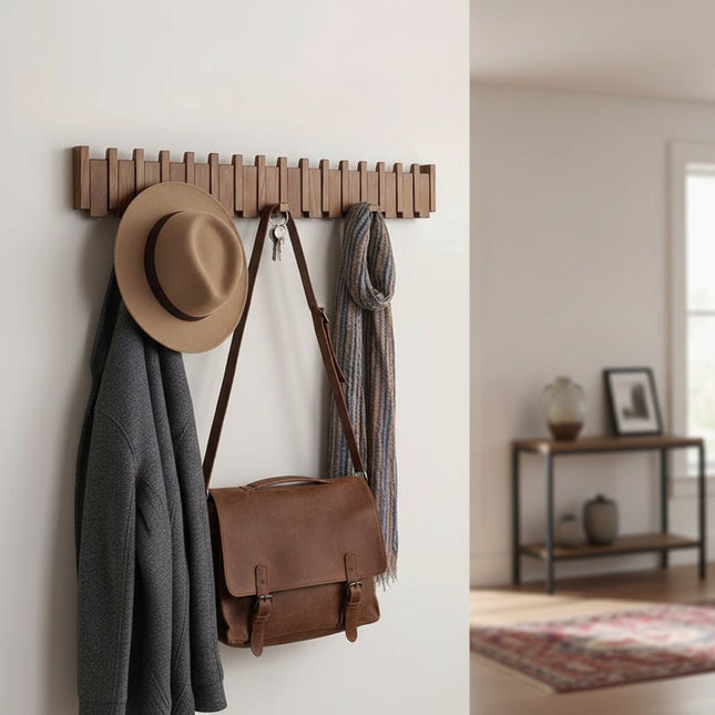 Elegant Wooden Coat Hook Rack with Foldable Hooks | Stylish Wall Storage for Coats and Bags 0