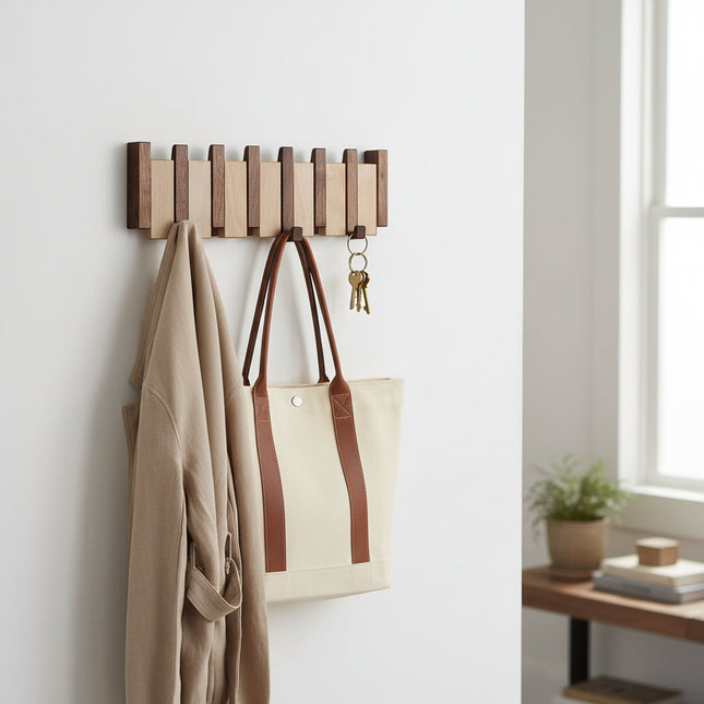 Elegant Wooden Coat Hook Rack with Foldable Hooks | Stylish Wall Storage for Coats and Bags 1