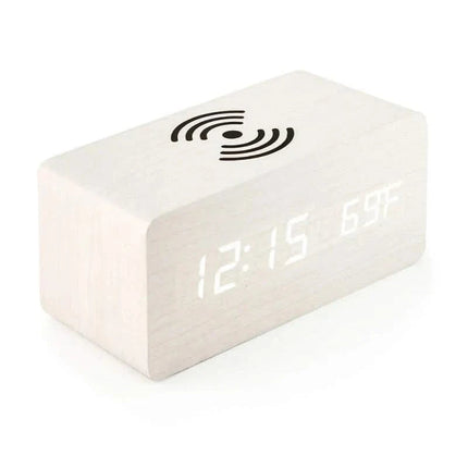 Elegant Wooden Digital Alarm Clock with Wireless Charging & Voice Activation for Effortless Time Management 0