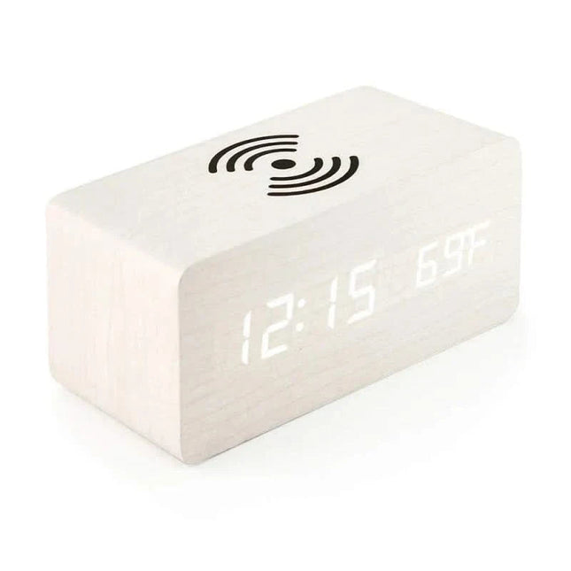 Elegant Wooden Digital Alarm Clock with Wireless Charging & Voice Activation for Effortless Time Management 0