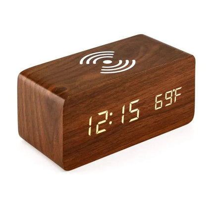 Elegant Wooden Digital Alarm Clock with Wireless Charging & Voice Activation for Effortless Time Management 1