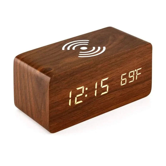 Elegant Wooden Digital Alarm Clock with Wireless Charging & Voice Activation for Effortless Time Management 1