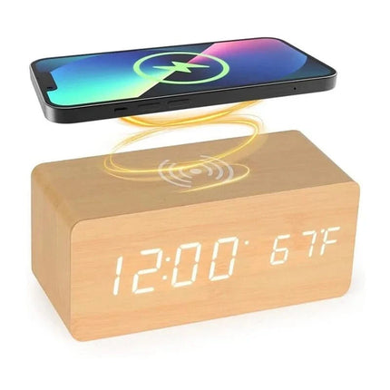 Elegant Wooden Digital Alarm Clock with Wireless Charging & Voice Activation for Effortless Time Management 2