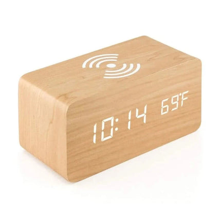 Elegant Wooden Digital Alarm Clock with Wireless Charging & Voice Activation for Effortless Time Management 4