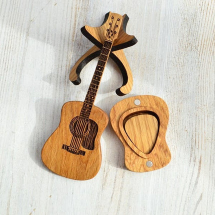 Elegant Wooden Guitar Pick Case with Stand & Engraved Design for Personalized Gifting 2