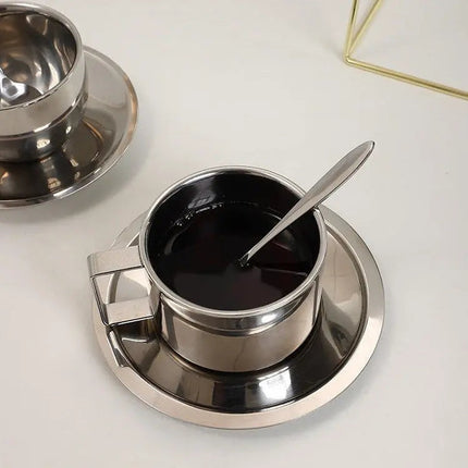 Stainless Steel Coffee Cup with Saucer, Metal Cup and Saucer Set with Geometric Handle
