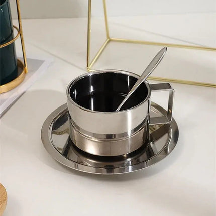 Stainless Steel Coffee Cup with Saucer, Double Wall Insulated Cup 6.8 oz – image 4