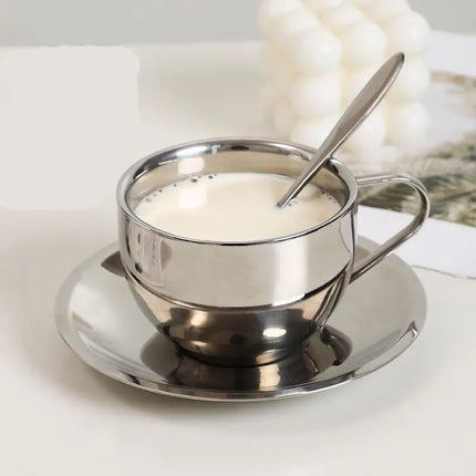 Stainless Steel Coffee Cup with Saucer, Metal Cup and Saucer Set with Geometric Handle – image 5