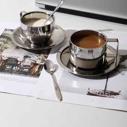 Stainless Steel Coffee Cup with Saucer, Double Wall Insulated Cup 6.8 oz – image 6