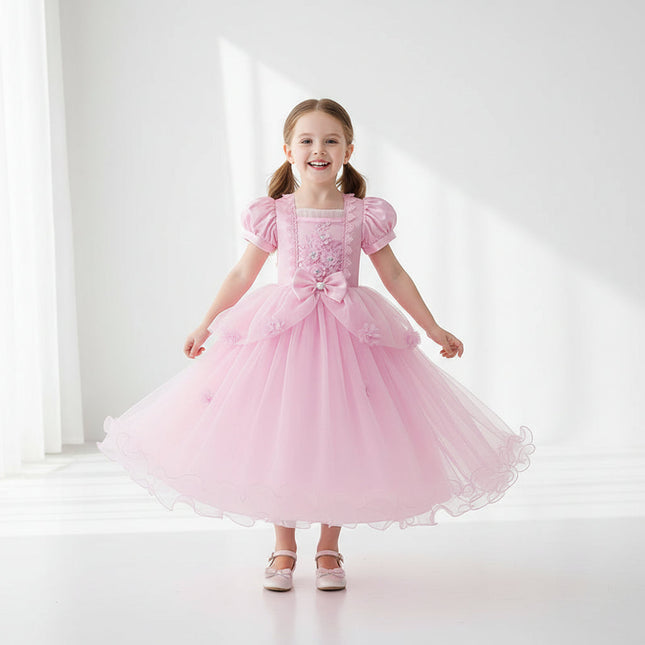 Enchanting Princess Dress | Girls' Lace Party Gown with Puff Sleeves | Perfect for Halloween and Special Events 0