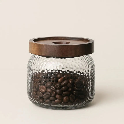 Glass Jar with Lid in Acacia Wood, Coffee Canister for Beans and Tea, Textured Glass Storage Jar, Spice Jar