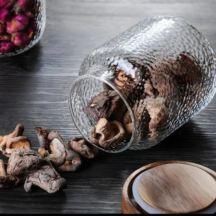 Glass Jar with Lid in Acacia Wood, Textured Glass Storage Jar