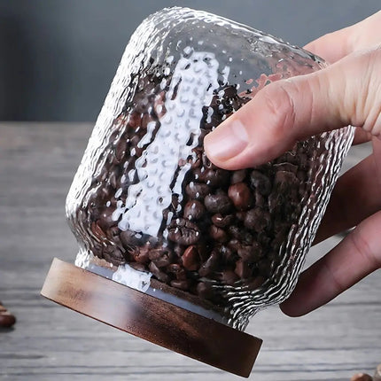 Glass Jar with Lid in Acacia Wood, Coffee Canister for Beans and Tea