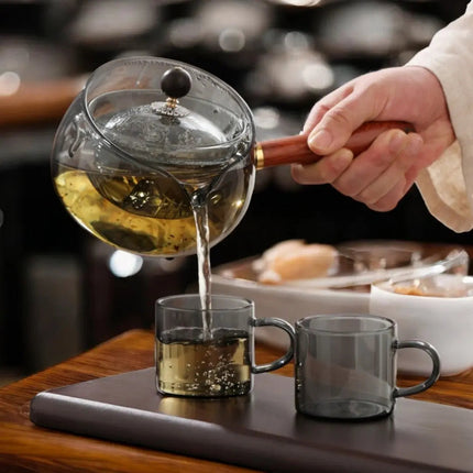 Small Glass Teapot, Rotating Tea Pot with Wood Handle, Borosilicate Teapot for One, Loose Leaf Teapot