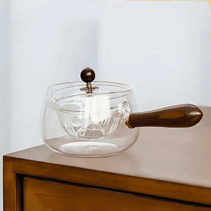 Small Glass Teapot, Rotating Tea Pot with Wood Handle
