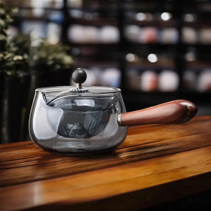 Small Glass Teapot, Rotating Tea Pot with Wood Handle – image 4