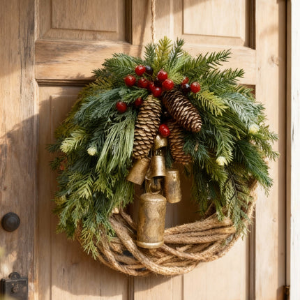 Front Door Wreath, Winter Wreath with Bells and Pine Cones