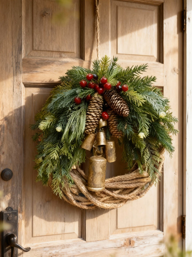 Front Door Wreath, Winter Wreath with Bells and Pine Cones