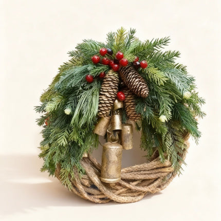 Front Door Wreath, Winter Wreath with Bells and Pine Cones, Holiday Wreath for Indoor and Outdoor Winter Decor