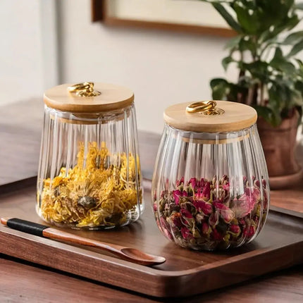 Glass Jar with Wooden Lid, Airtight Tea Container, Glass Canister for Loose Leaf Tea and Kitchen Organization