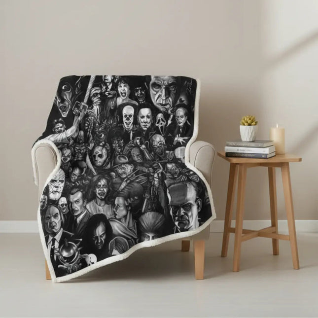Fleece Throw Blanket, Horror Movie Blanket with Character Print, Double Layer Cotton Fleece for Bed, Sofa Throw