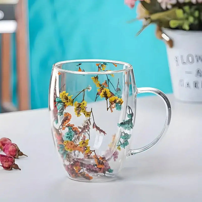 Glass Coffee Mugs, Cute Mug with Flower Design, Double Walled Insulated Coffee Mug, Floral Glass Cup for Iced Coffee_01