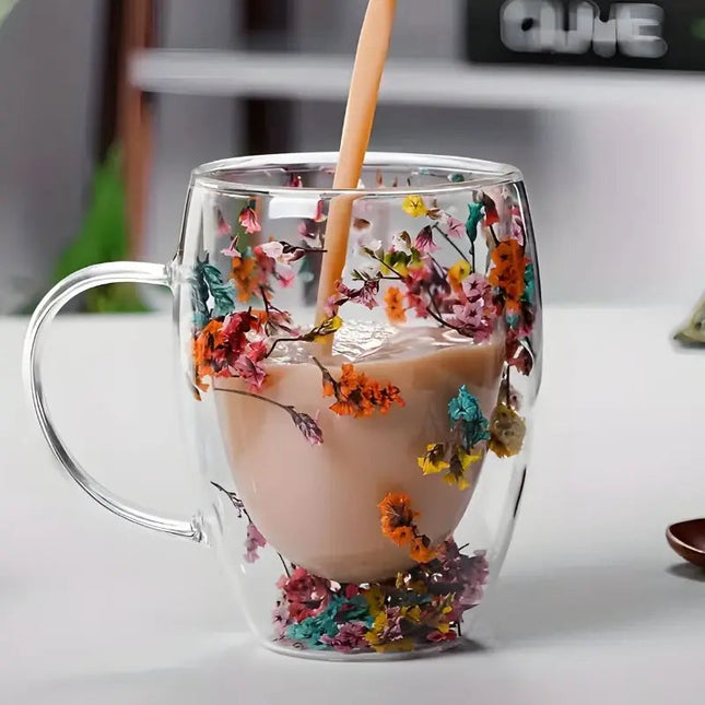Glass Coffee Mugs, Cute Mug with Flower Design, Double Walled Insulated Coffee Mug, Floral Glass Cup for Iced Coffee_00