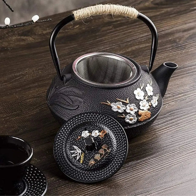 Cast Iron Teapot, Japanese Tea Pot with Hand Painted Plum Blossom
