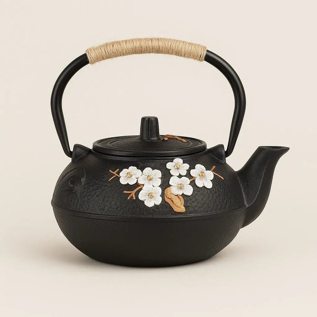 Cast Iron Teapot, Japanese Tea Pot with Hand Painted Plum Blossom, Floral Teapot with Rope Handle, 20 oz