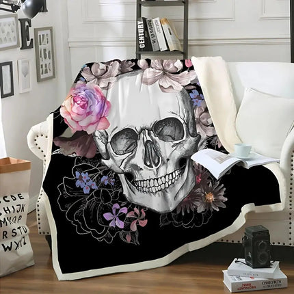 Skull Throw Blanket with Floral Print, Cozy Blanket for Couch and Bed