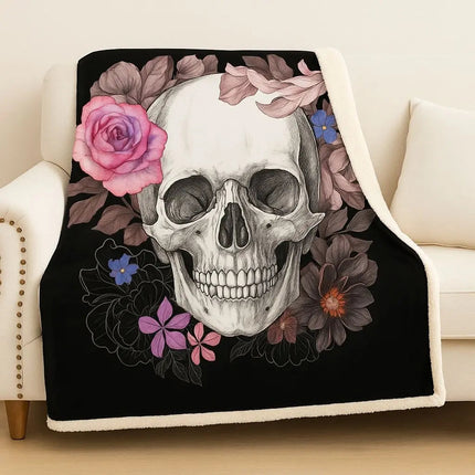 Skull Throw Blanket with Floral Print, Cozy Blanket for Couch and Bed, Warm Outdoor Blanket, Sofa Throw, Bed Cover