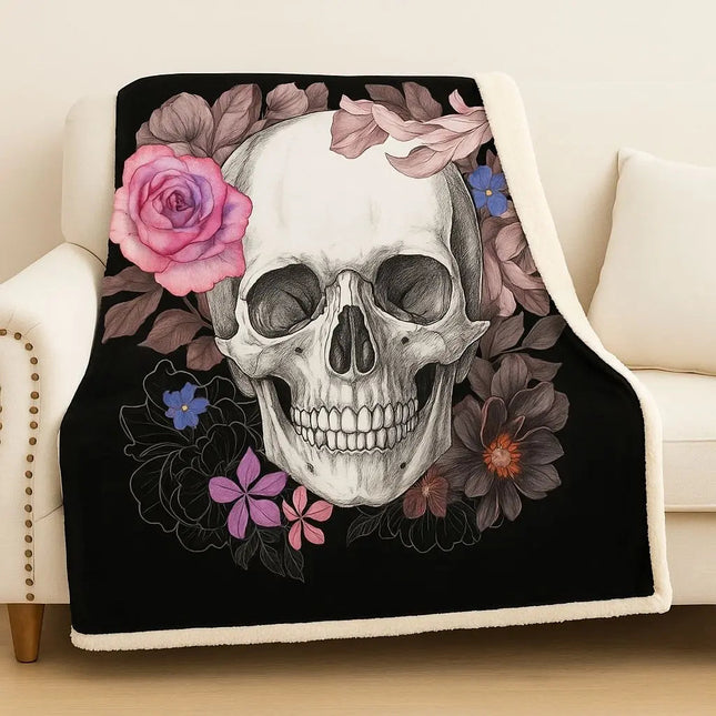 Skull Throw Blanket with Floral Print, Cozy Blanket for Couch and Bed, Warm Outdoor Blanket, Sofa Throw, Bed Cover