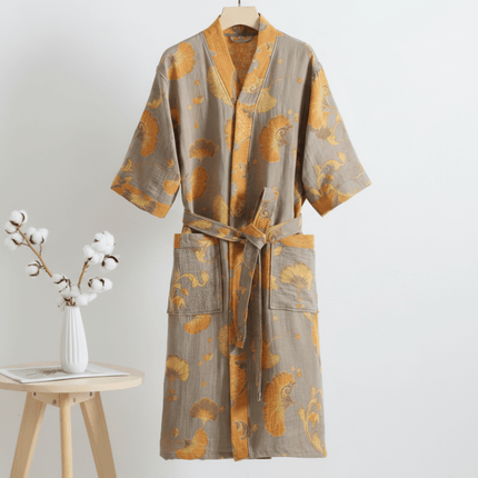 Kimono Robe, Reversible Two Tone Bathrobe with Ginkgo Print – image 5
