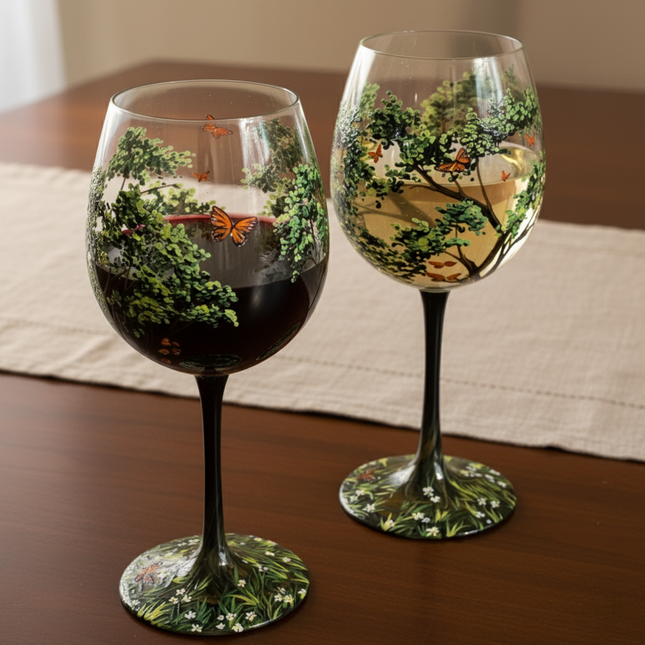 Hand Painted Wine Glasses, Stemless Wine Glasses and Stemmed Wine Glass with Four Seasons Tree Art