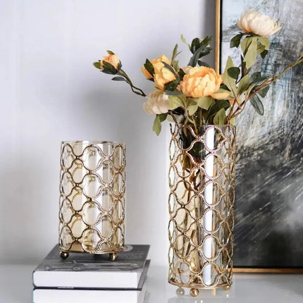 Vases, Glass Vase for Flowers with Gold Geometric Frame