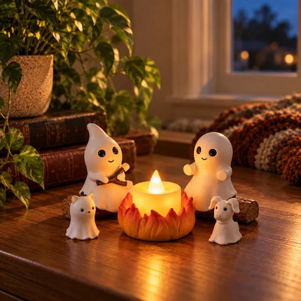 Halloween Decor, Halloween Ghost Figurines with Lit Campfire and Pets – image 6