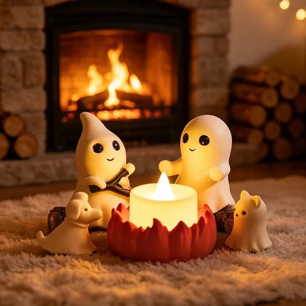 Halloween Decor, Halloween Ghost Figurines with Lit Campfire and Pets