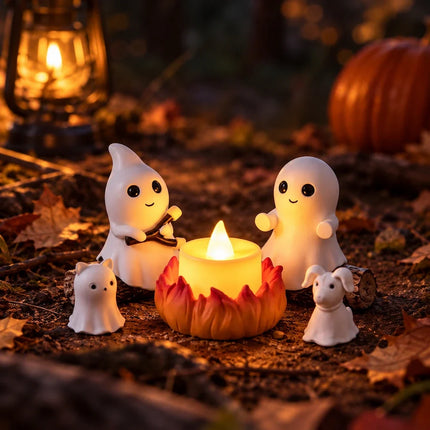 Halloween Decor, Halloween Ghost Figurines with Lit Campfire and Pets, Miniature Figurines for Coffee Table Decor