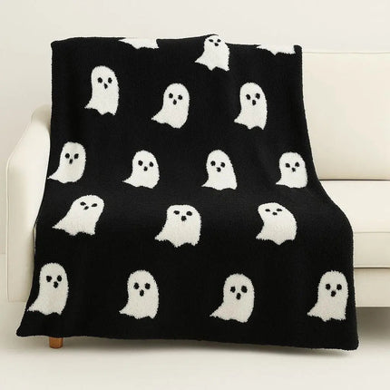 Throw Blanket with Halloween Ghost Print, Knitted Halloween Blanket, Cozy Knit Throw Blanket for Couch, Halloween Decor